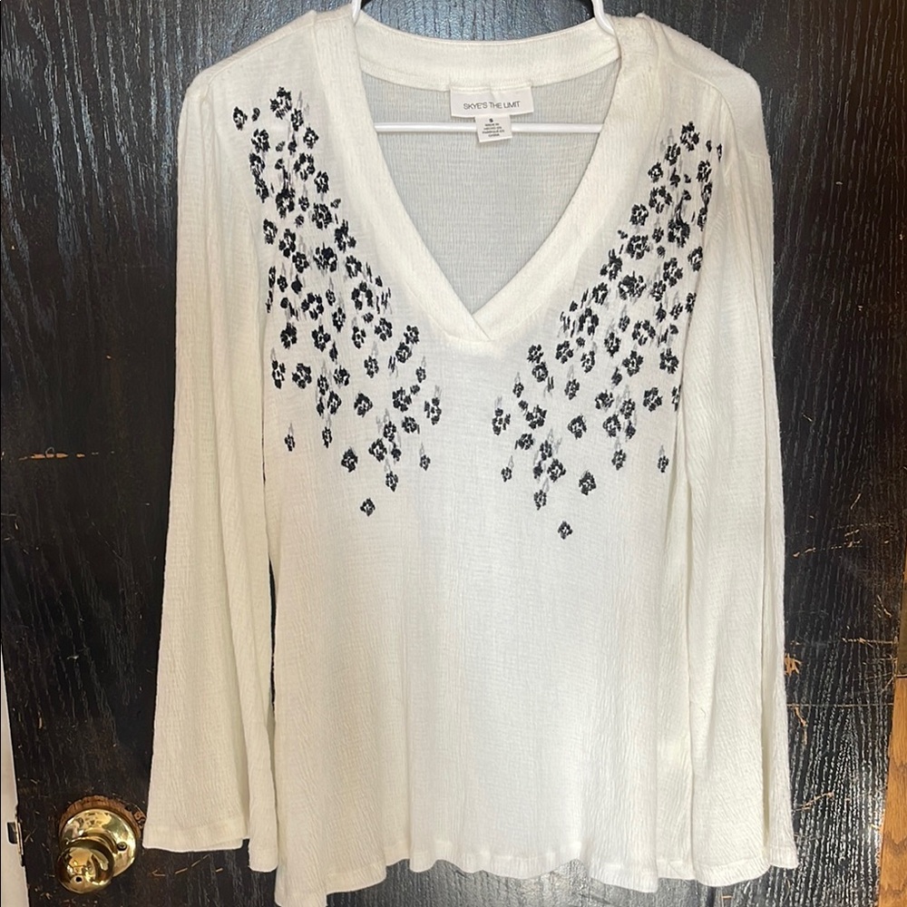 Skye's the Limit White Pleated Embellished Long Sleeve Blouse